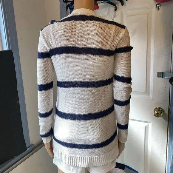 OldNavy Lose Knit Long Sleeve Cardigan Sweater Lady Sz Sp White Navy Linen Blend - Picture 6 of 9